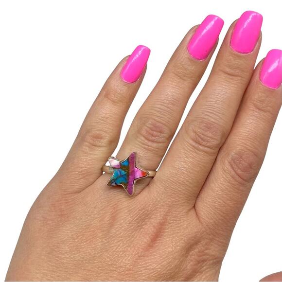 Pink Dahlia Kingman Turquoise Star Ring Size 9.5 Solid 925 Sterling Silver - Picture 2 of 7